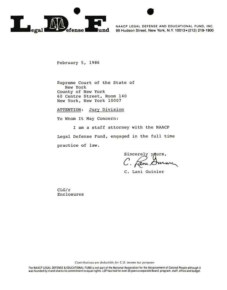 Correspondence from Lani Guinier to the Supreme Court of the State of New York Re Jury Division preview