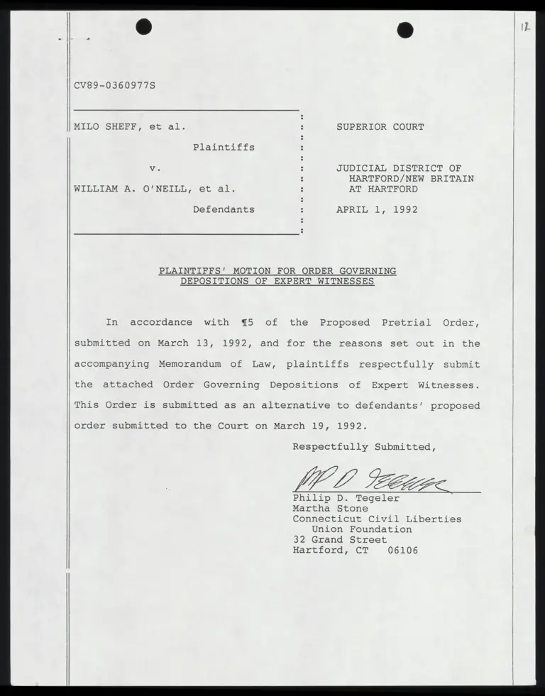 Plaintiffs' Motion for Order Governing Depositions of Expert Witnesses preview