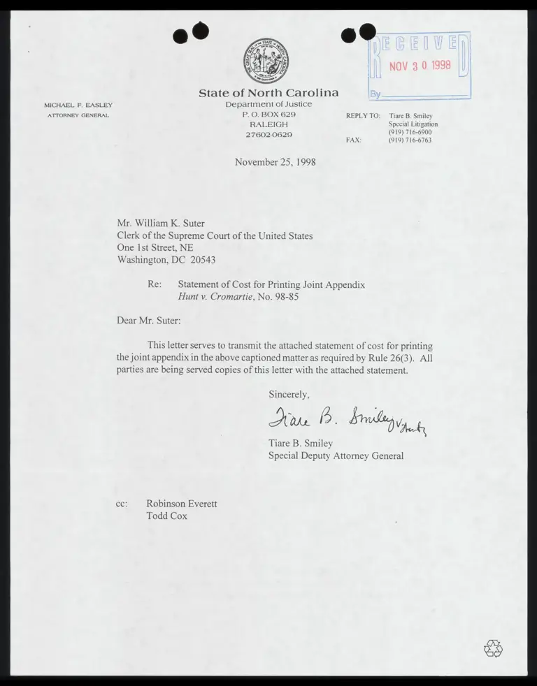 Letter from Smiley to Court RE: Cost For Printing Joint Appendix preview