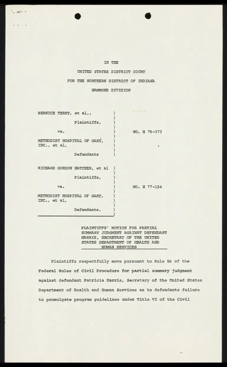 Plaintiffs' Motion for Partial Summary Judgment Against Defendant Harris, Secretary of the US Dept of Health and Human Services preview