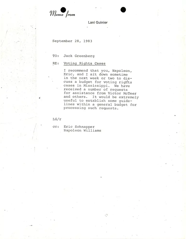 Memorandum from Lani Guinier to Jack Greenberg Re: Voting Rights Cases preview
