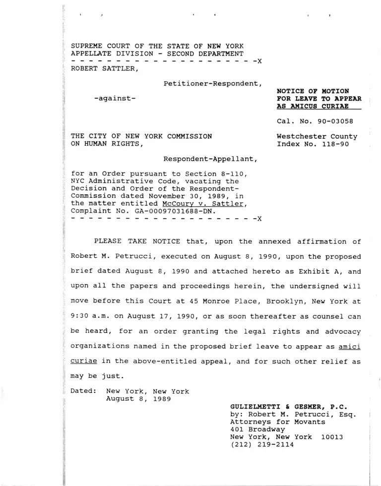 Sattler v NYC Commission of Human Rights Notice of Motion for Leave as Amicus Curiae preview
