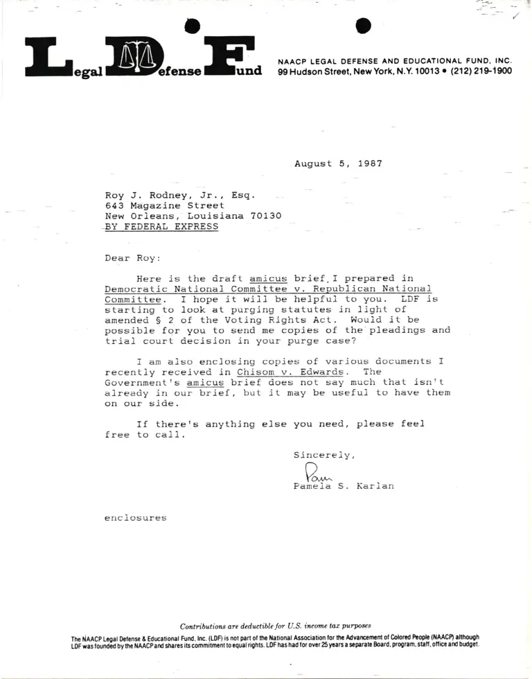 Correspondence from Pamela Karlan to Roy J. Rodney Jr., Esq. Re Draft Amicus Brief for Democratic National Committee v. Republican National Committee preview