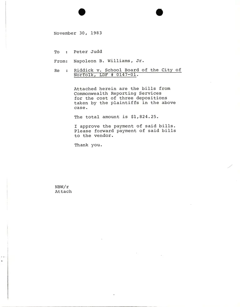 Correspondence from Napoleon Williams to Peter Judd Re: Riddick v. School Board of the City of Norfolk, Va. preview