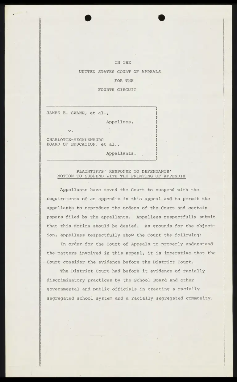 Plaintiffs' Response to Defendants' Motion to Suspend with the Printing of Appendix preview