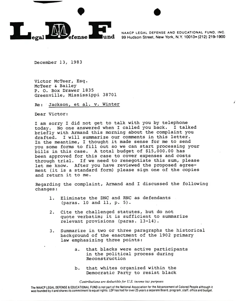 Correspondence from Lani Guinier to Victor McTeer Re: Jackson v. Winter preview