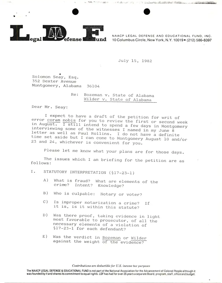 Letter from Lani Guinier to Solomon Seay re Bozeman preview