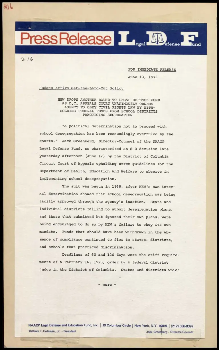 HEW Drops Another Round to Legal Defense Fund as D.C. Appeals Court Unanimously Orders Agency to Obey Civil Rights Law by Withholding Federal Funds from School Districts Practicing Segregation preview