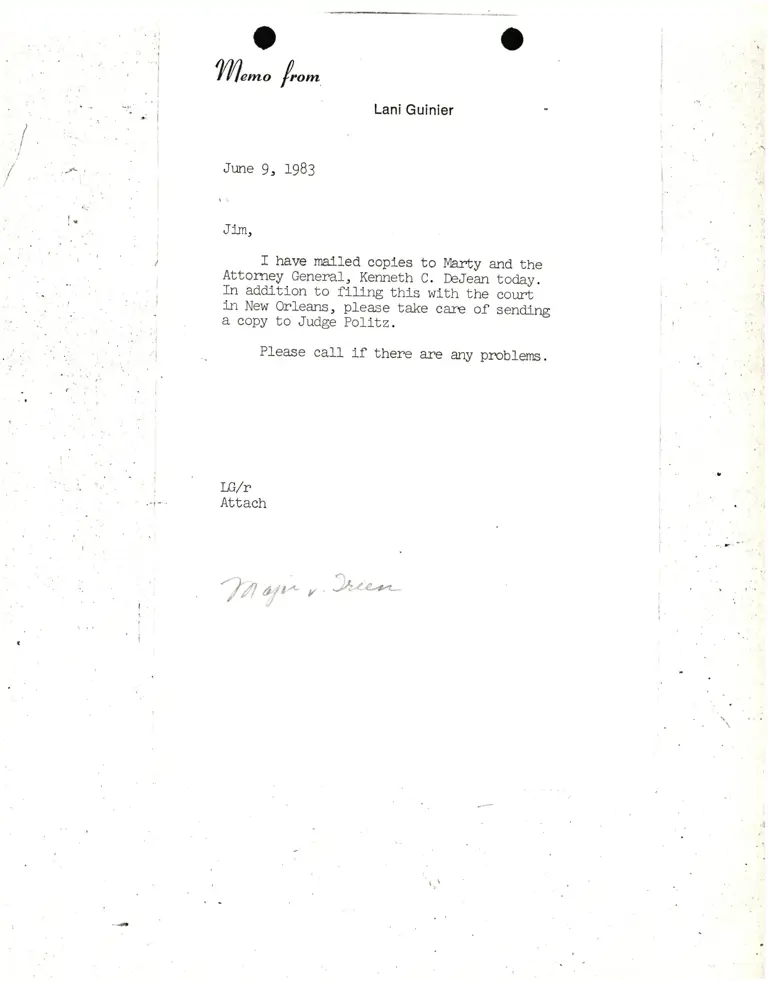 Memorandum from Lani Guinier to Jim Re: Major v. Treen preview