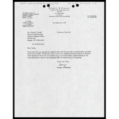 Fax from Markham to opposing counsel RE: Pretrial order preview