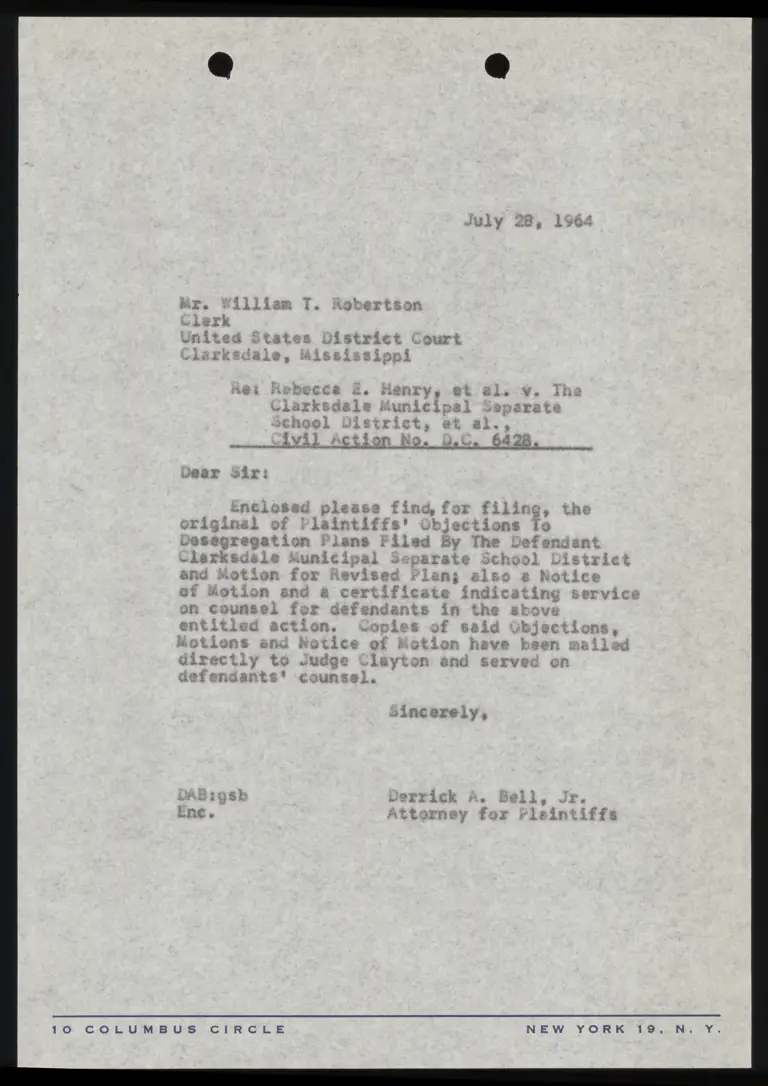 Correspondence from Bell to Clerk Re: Objections to Desegregation Plans preview