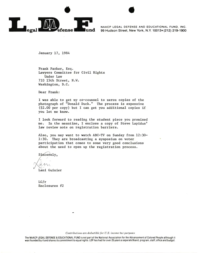 Letter from Lani Guinier to Frank Parker preview