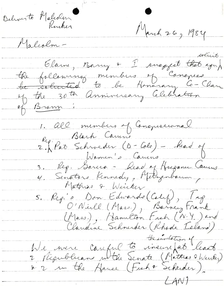 Note from Lani Guinier to Malcolm Rucker RE: Honorary Co-Chairs for 30th Anniversary of Brown v. Board preview