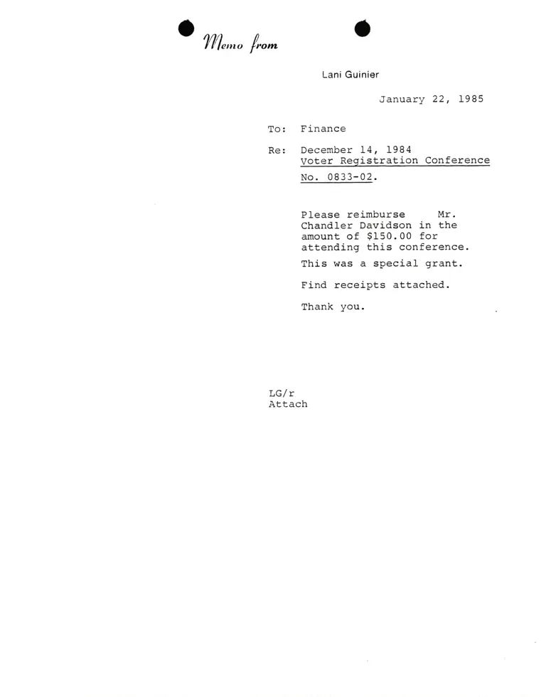 Memorandum from Lani Guinier to Finance Re December 14, 1984 Voter Registration Conference preview
