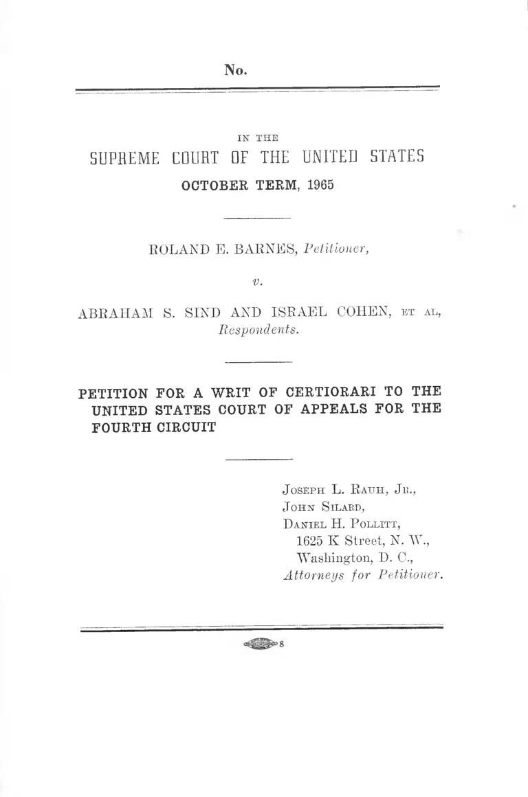 Barnes v. Sind Petition for a Writ of Certiorari to the United States Court of Appeals for the Fourth Circuit preview