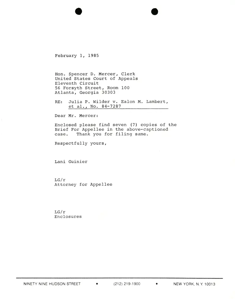Correspondence from Lani Guinier to Spencer D. Mercer (Clerk) Re: Wilder v. Lambert 2 preview