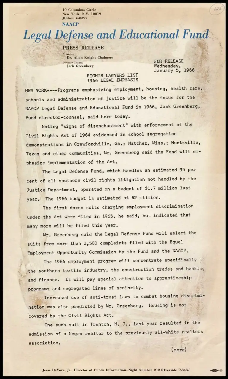Rights Lawyers List 1966 Legal Emphasis preview