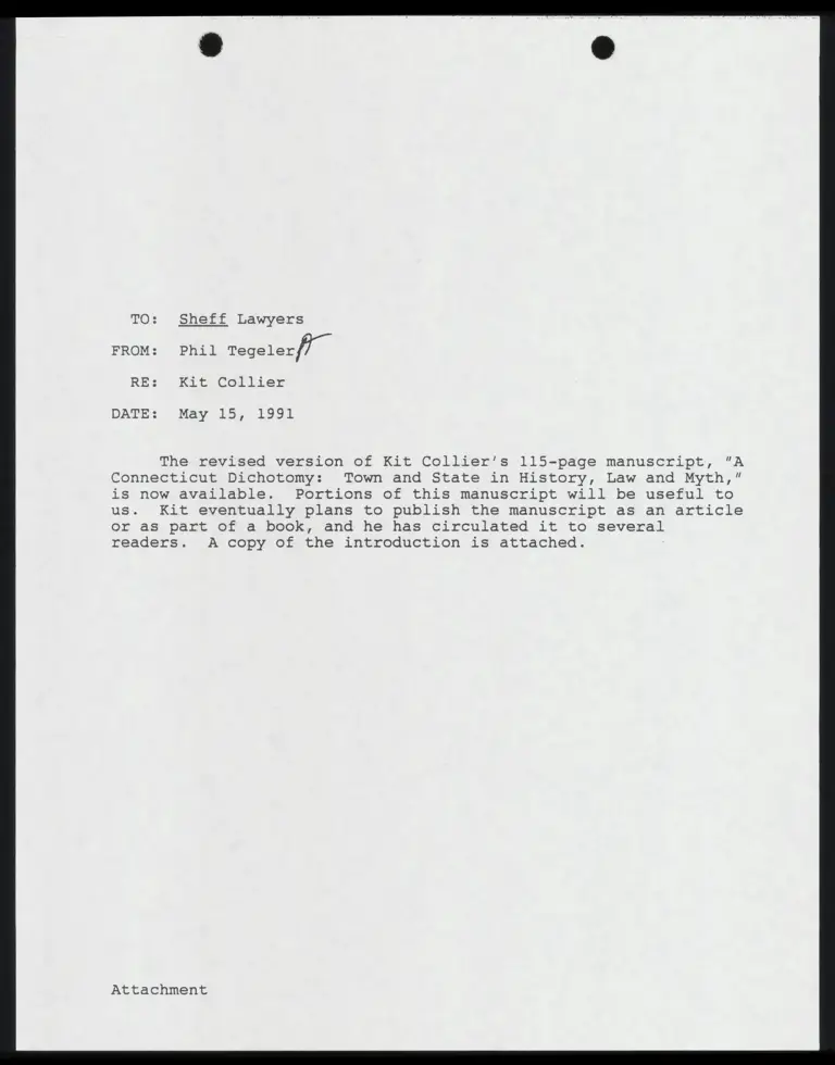 Correspondence from Tegeler to Counsel with Collier Draft Analysis; to Whelan; Newsclippings preview