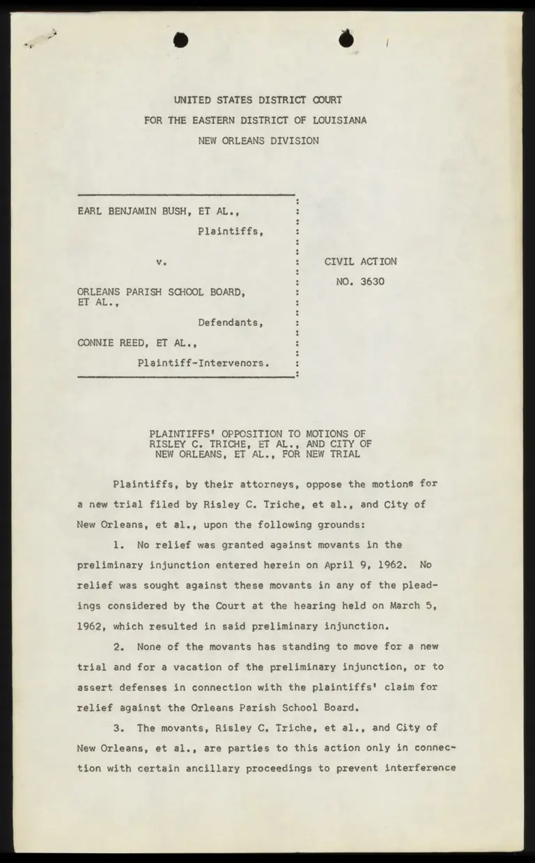 Plaintiffs' Opposition to Motions of Triche et al. and City of New Orleans for a New Trial preview