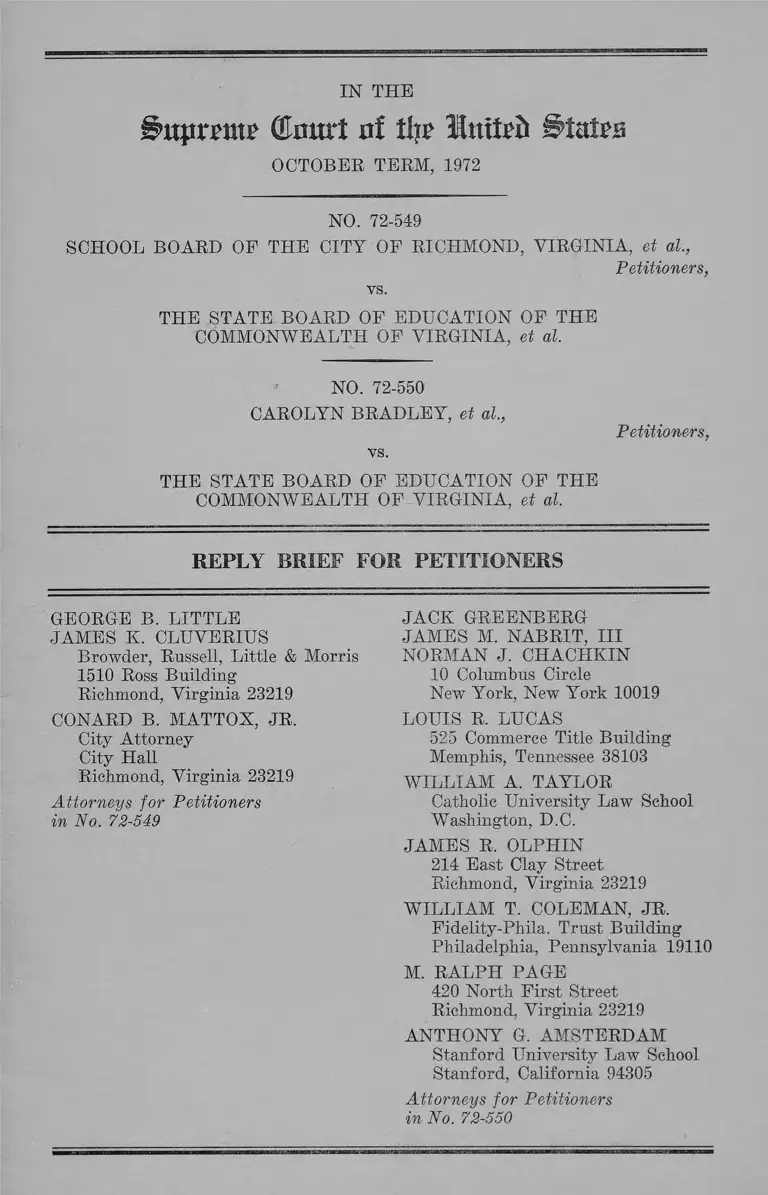 Richmond Virginia School Board v. Virginia Board of Education Reply Brief for Petitioners preview