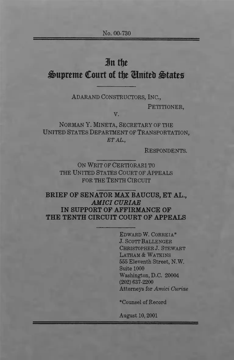 Adarand v. Mineta Brief of Senator Max Baucus, et al., Amici Curiae in Support of Affirmance of the Tenth Circuit Court of Appeals preview