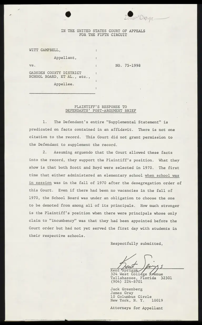 Plaintiff's Response to Defendants' Post-Argument Brief preview