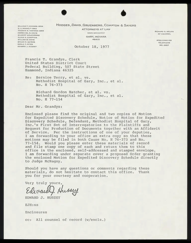 Correspondence from Hussey to Clerk Re: Motion for Expedited Discovery Schedule preview