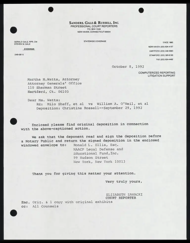 Correspondence from Zawacki to Watts; from Whelan to Judge Hammer; from Ellis to Slavin preview