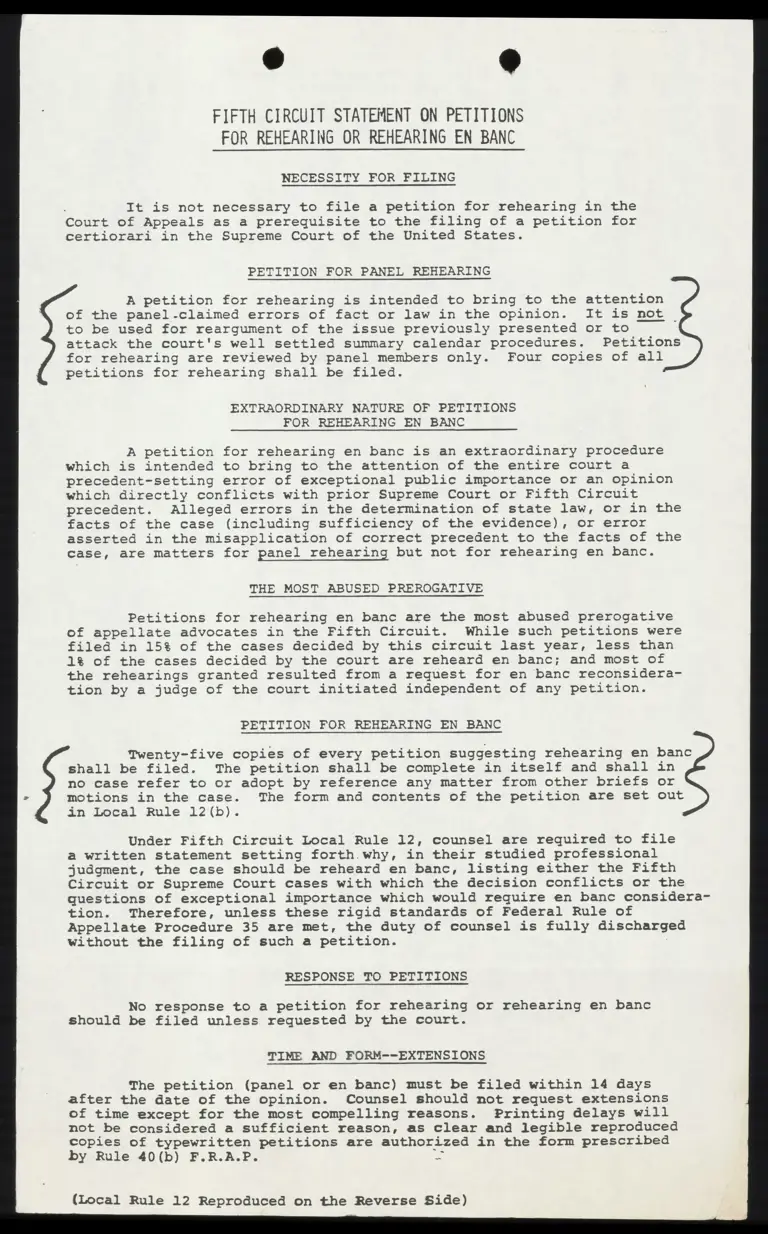 Fifth Circuit Statement on Petitions for Rehearing or Rehearing En Banc preview