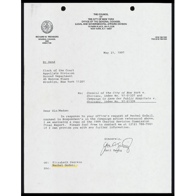 Copy of Letter to the Court from Zweig Re: Copy of 1989 Charter Revision Commission Final Report preview