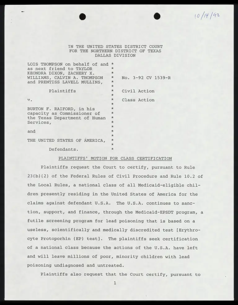 Plaintiffs' Motion for Class Certification with Certificate of Service and Conference preview