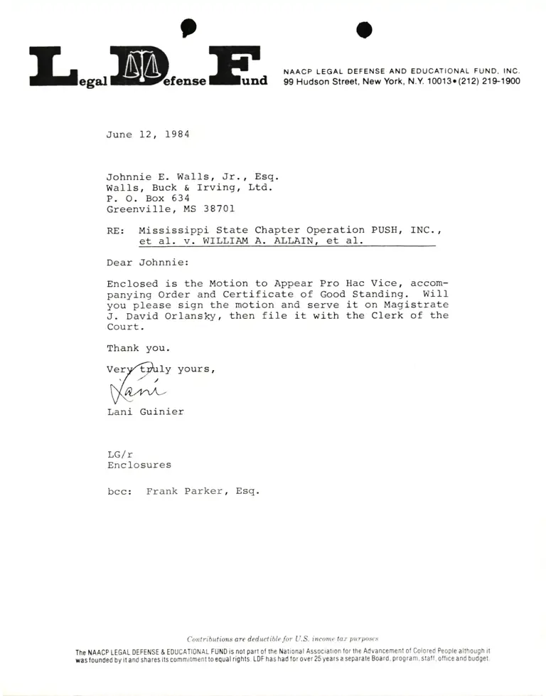 Letter from Lani Guinier to Jonnie E. Walls, Jr. Esq. RE: Mississippi State Chapter Operation PUSH, INC., et. al. v. Allain et. al. preview
