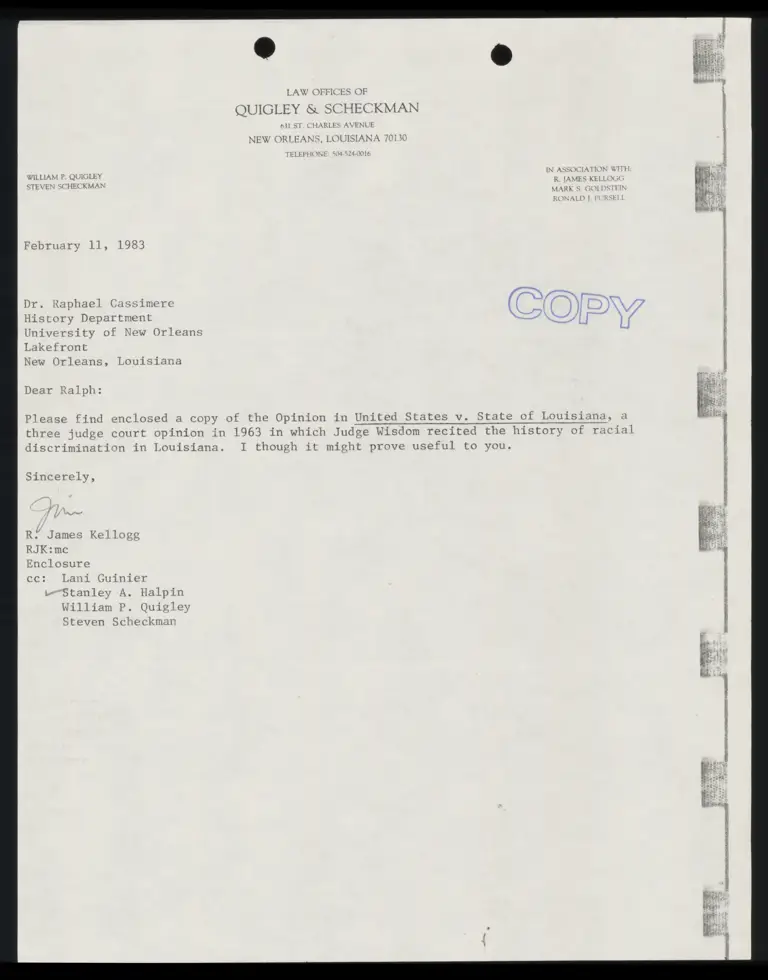 Correspondence from Kellogg to Cassimere preview