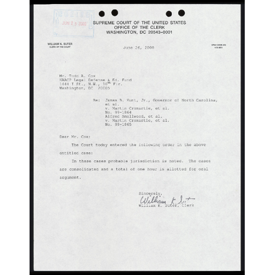 Letter to Cox from Suter RE: Court Order and Oral Argument Allotted Time preview