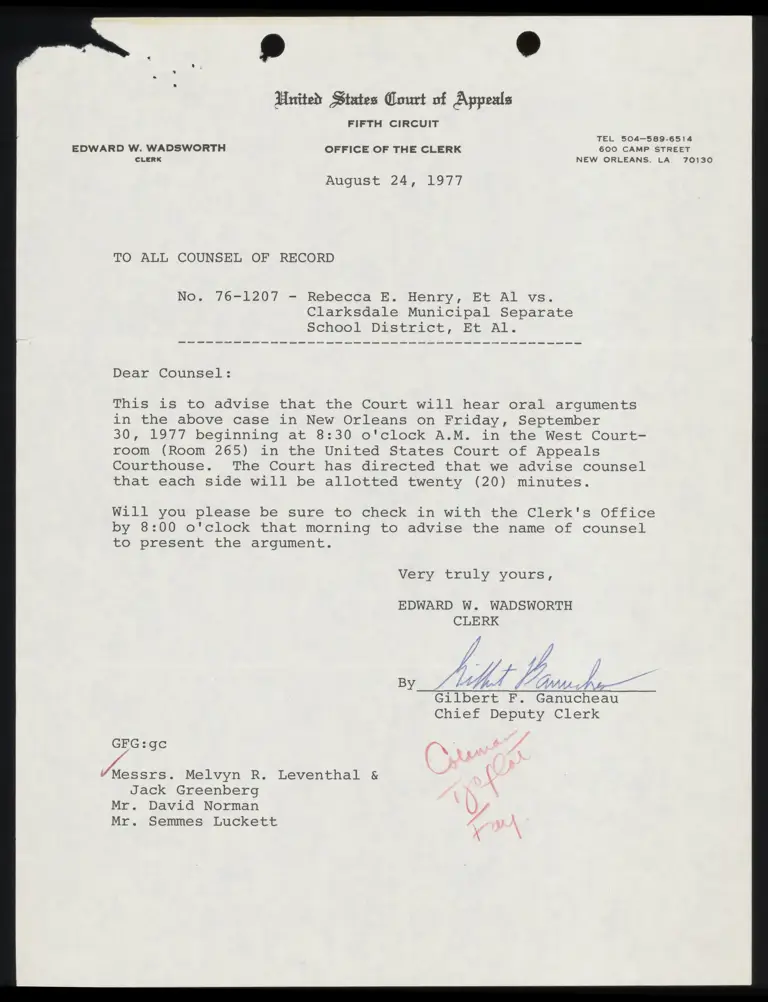 Correspondence from Clerk to Counsel Re: Oral Arguments preview