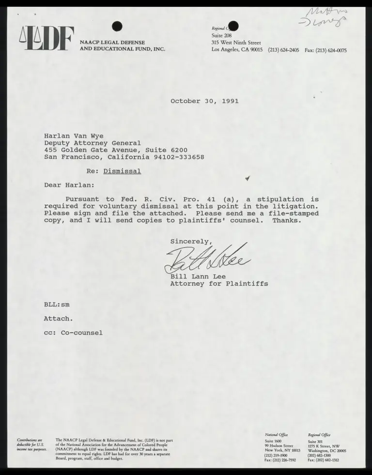Correspondence from Lee to Van Wye preview