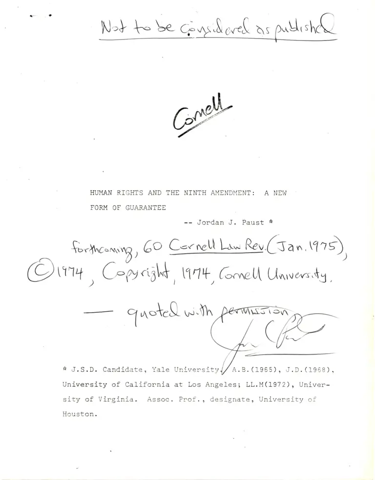 Human Rights and the Ninth Amendment: A New Form of Guarantee (Draft) preview