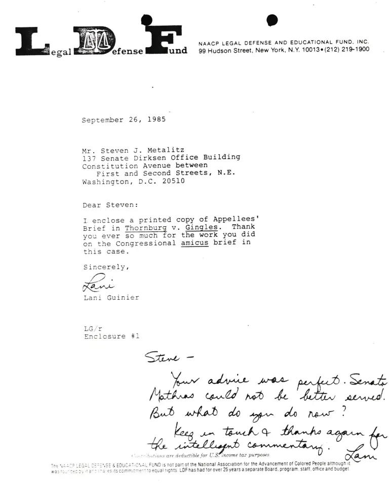 Correspondence from Lani Guinier to Steven J. Metalitz Re Thornburg v. Gingles preview