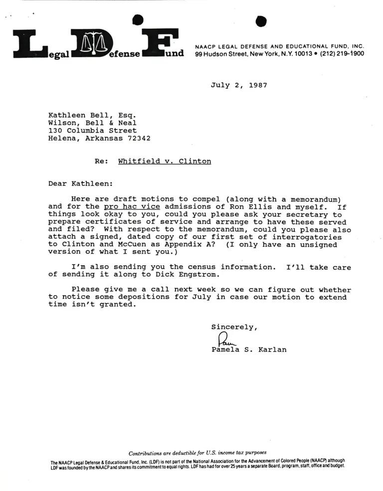 Correspondence from Pamela Karlan to Kathleen Bell, Esq. Re Whitfield v. Clinton preview