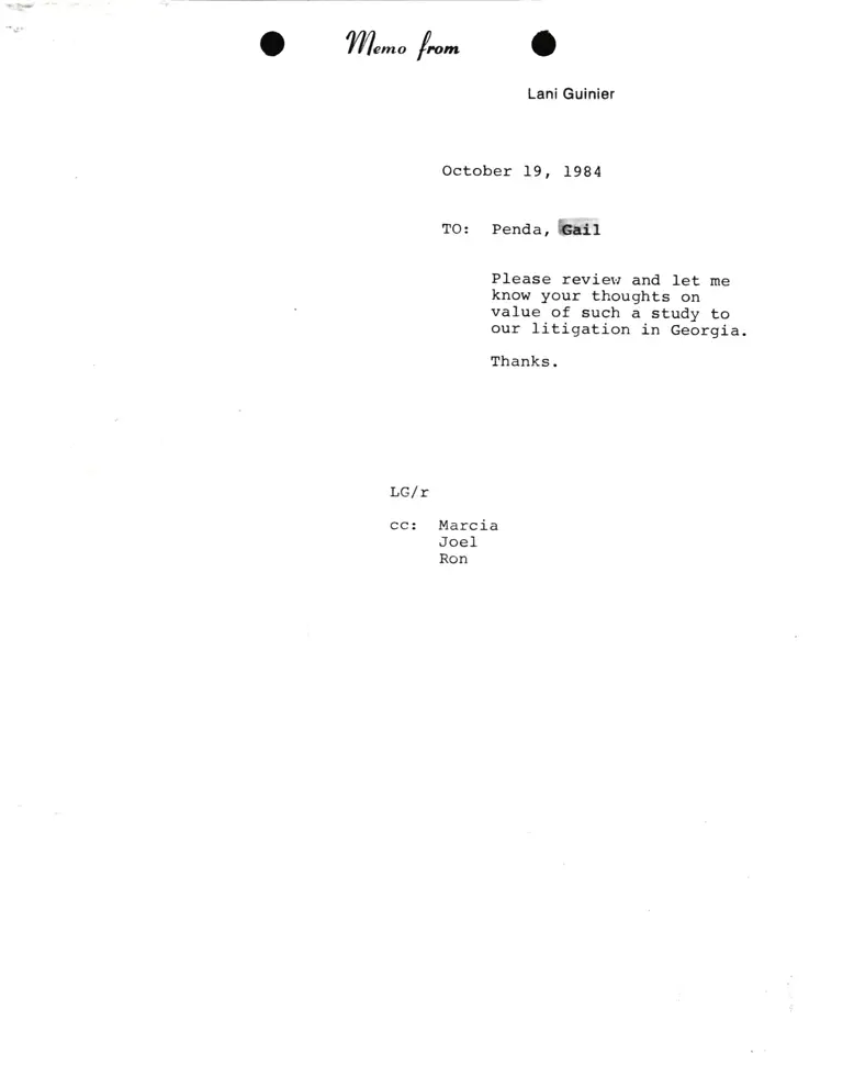 Memo from Lani Guinier to Penda Hair and Gail RE Georgia litigation study preview