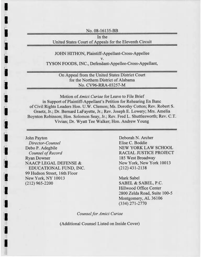 Hithon v. Tyson Foods, Inc. Motion of Amici Curiae for Leave to File Brief in Support of Plaintiff-Appellant's Petition for Rehearing En Banc preview
