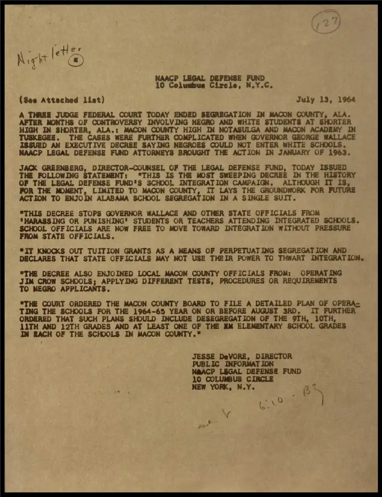 3-Judge Fed. Ct. Orders End of Segregation in Macon County, Ala. Schools (Telegram) preview