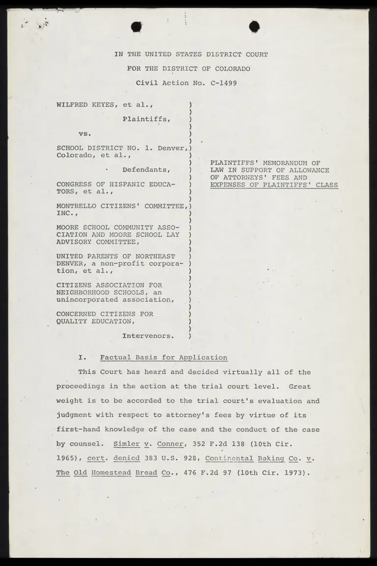 Keyes v. Denver School District No. 1 Plaintiffs' Memorandum of Law preview