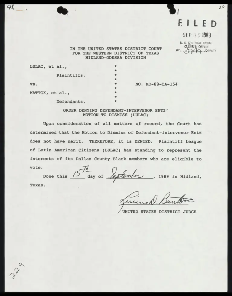 Order Denying Defendant-Intervenor Entz' Motion to Dismiss (LULAC) preview