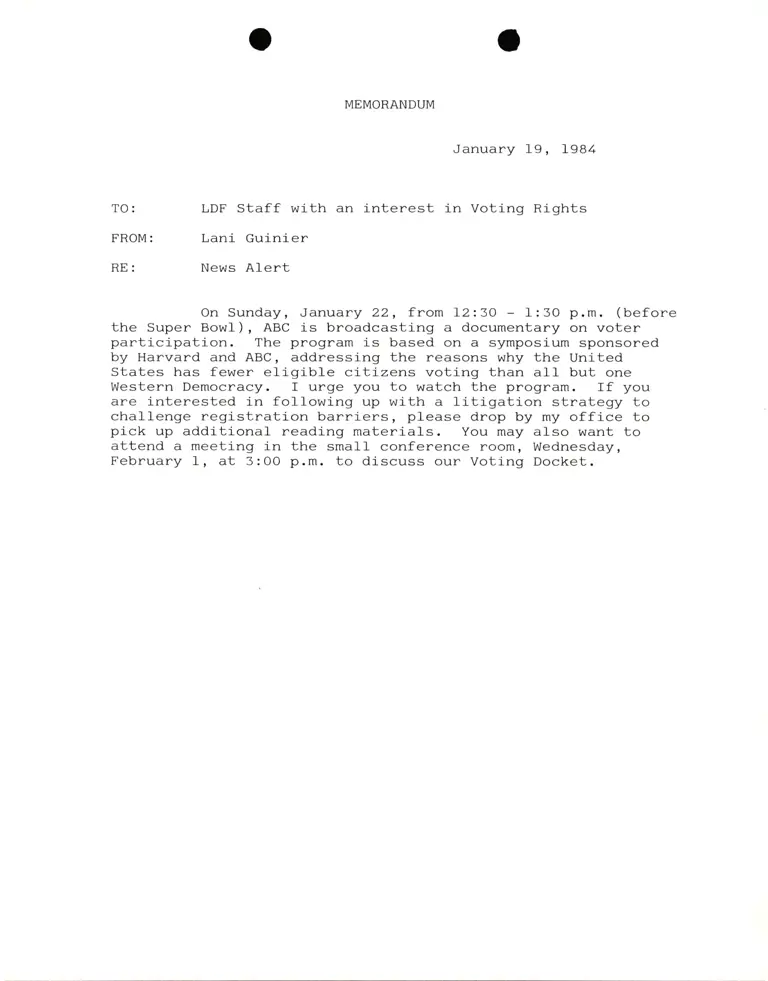 Memo from Lani Guinier to LDF staff Re: News Alert preview