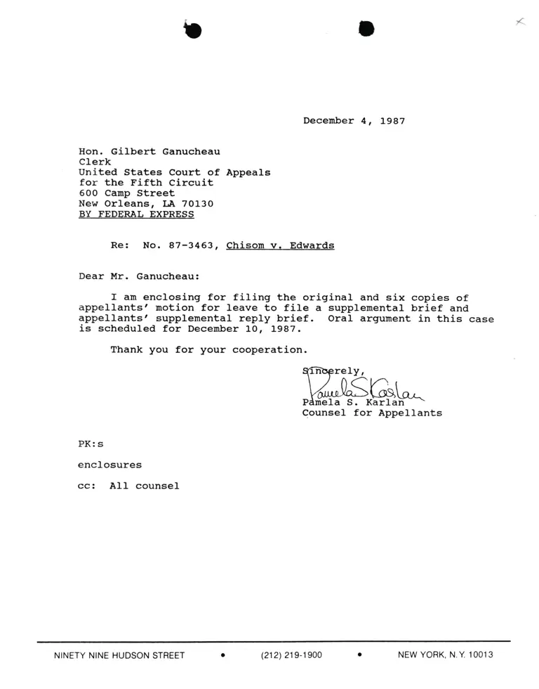 Correspondence from Pamela Karlan to Gilbert Ganucheau (Clerk) Re: Chisom v. Edwards preview