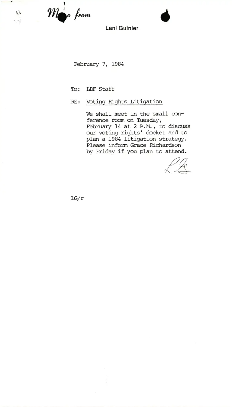 Memo from Lani Guinier to LDF Staff RE: Voting Rights Litigation preview