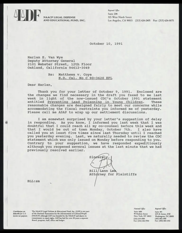 Correspondence from Lee to Van Wye preview