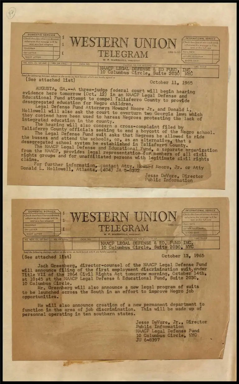 LDF Case in Talioferro County on Desegregation (Telegram); First Discrimination Suit re: Employment to be Filed by LDF (Telegram) preview