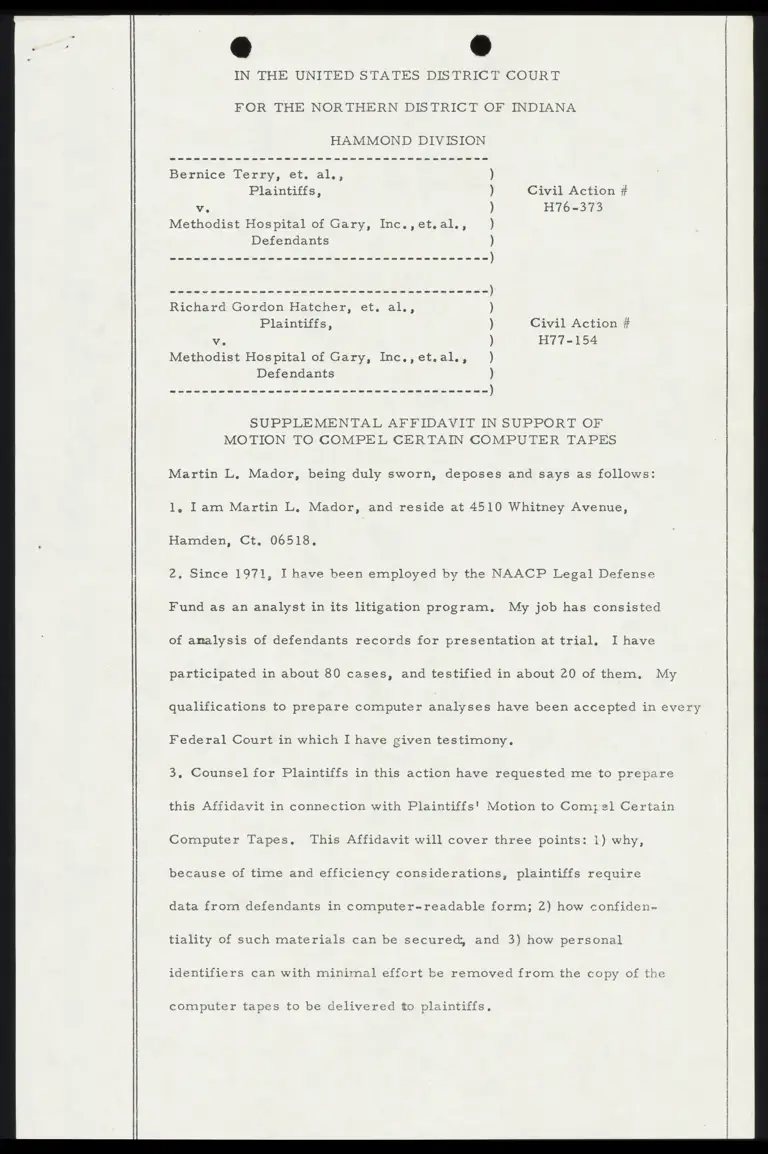 Supplemental Affidavit in Support of Motion to Compel Certain Computer Tapes preview